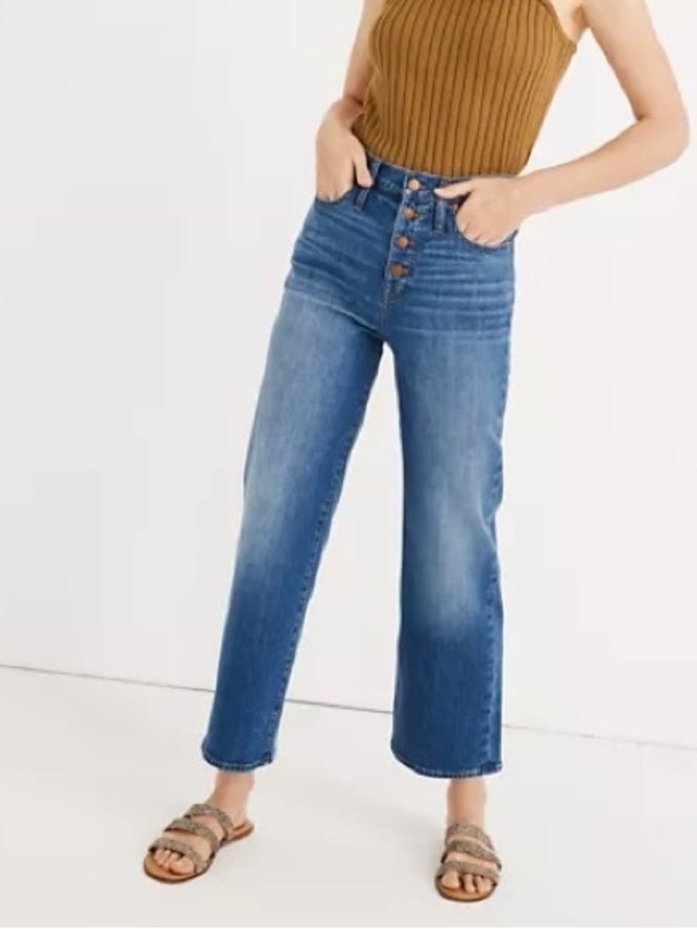 Madewell Wide Leg Crop Slim Blue Denim Jeans 27 Exposed Buttons Fall Boho